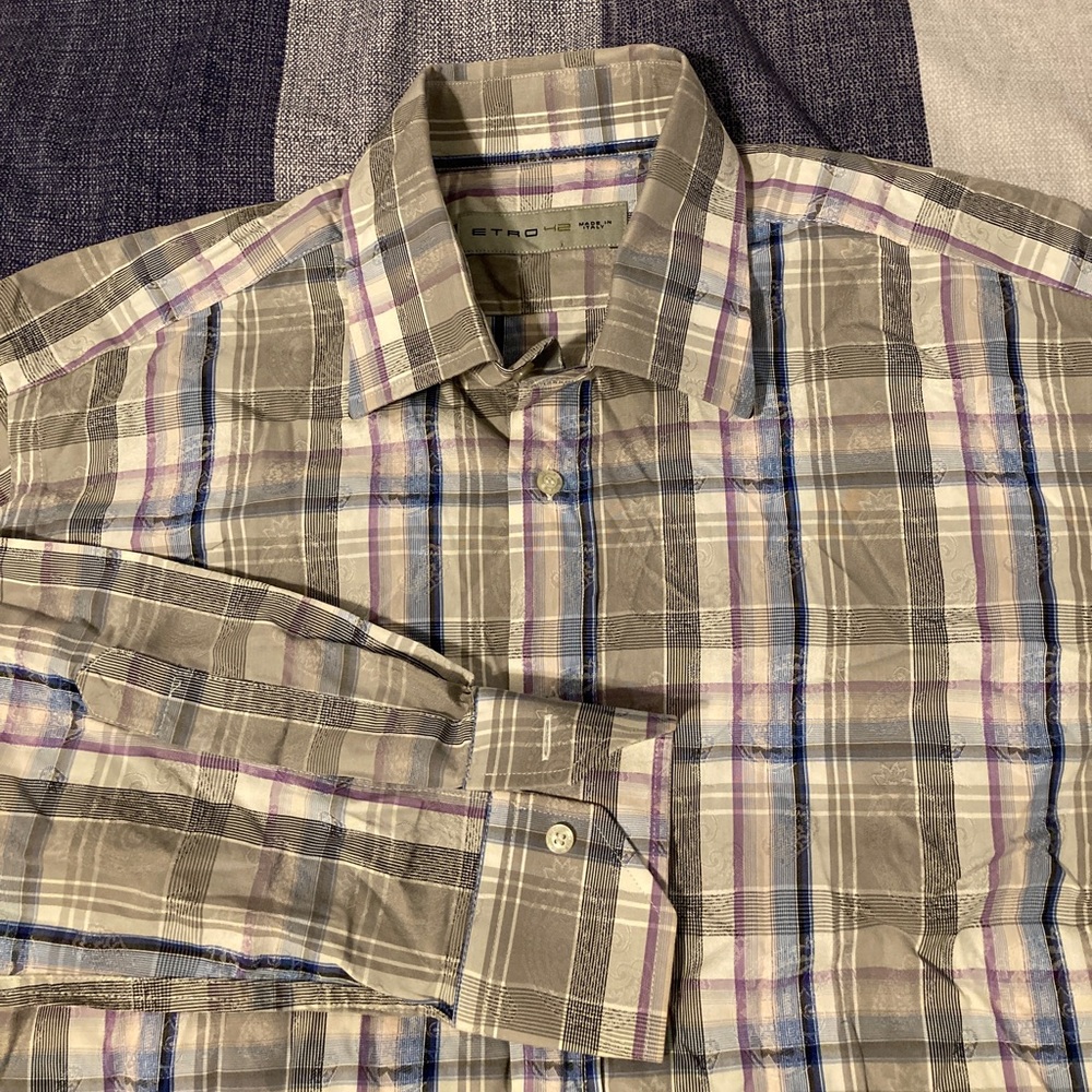 Etro Mens Dress Casual Button Up Shirt Sz 42 Plaid Paisley Grey